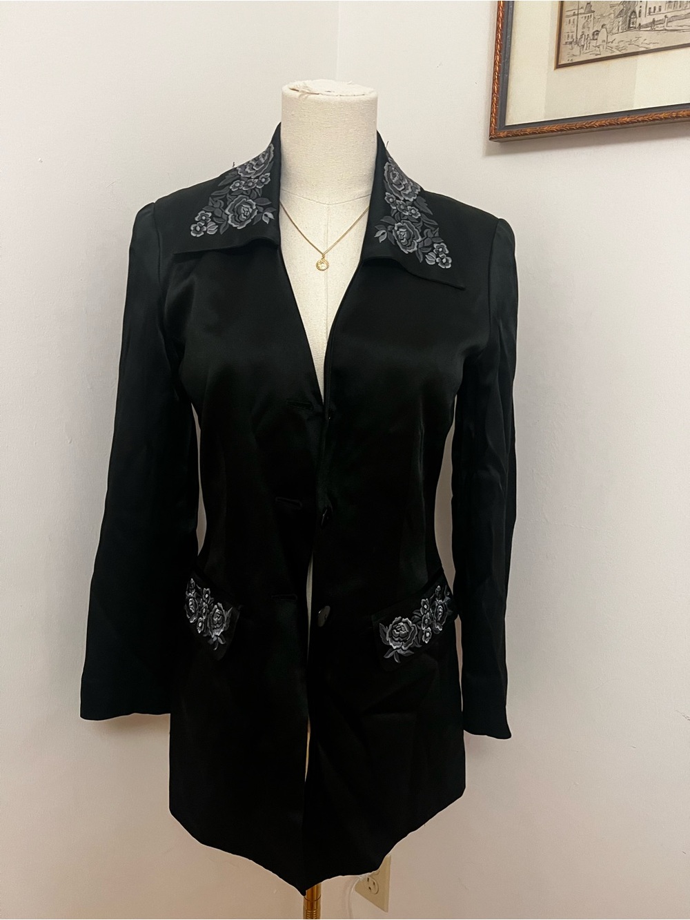 Black Satin Embroidered Collar vintage Kenzo Women's Blazer Jacket